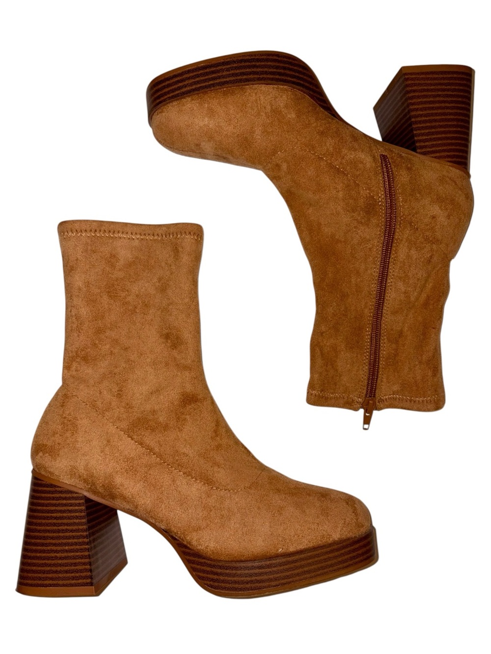 Sugar Brown Faux Suede Block Heel Sock Boots